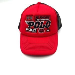 🆕Ralph Lauren Polo Racing Trucker Hat Red and Black